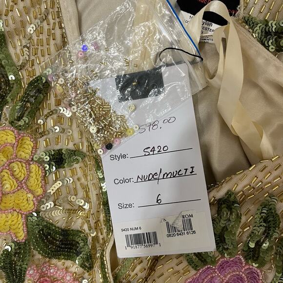MAC DUGGAL 5420 Beaded Floral V-Neck Cap Sleeve Slit Gown Nude Multi 6 NEW - Picture 6 of 9